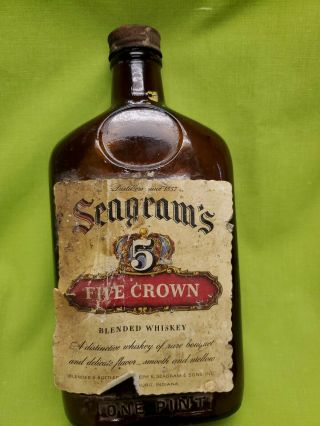 Vintage Seagrams One Pint Brown Glass Bottle Metal Lid
