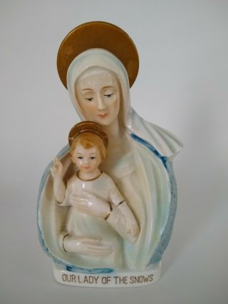 Vintage Our Lady Of Snows Mary Baby Jesus Ceramic Statue Small Planter Japan