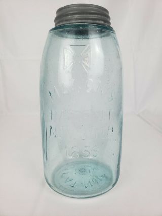 Antique Mason ' s 1/2 Gallon Fruit Jar Hero Cross Patent Nov 30th 1858 w Zinc Lid 2