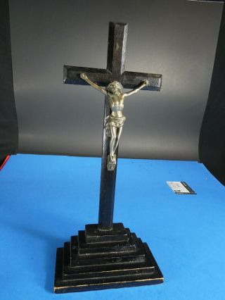 Antique Wood And Metal Standing Crucifix
