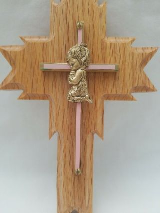 Oak Wall Cross Pink/brass Praying Girl First Communion Baptism Christening Gift