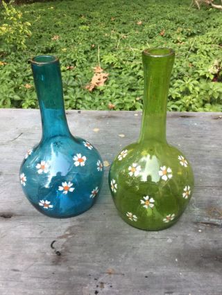 Pair Victorian Enameled Glass Barber Bottles