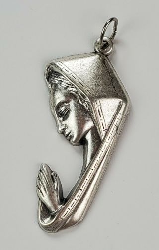 Praying Virgin Mary Charm Pendant Silver Tone Side View 2 " Long Made In Italy