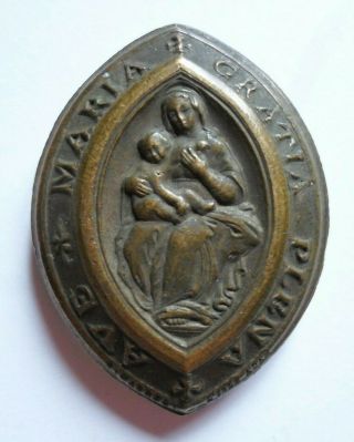 Antique Hail Mary Prayer Bronze Medal / Religious Catholic Seal