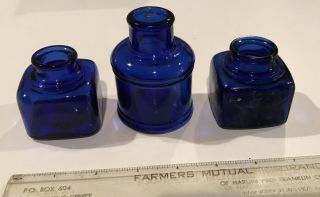 3 Old Vintage Antique Cobalt Blue Ink Bottles X On Bottom Of One G0830