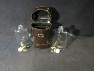 Vintage Double Liquor Flask In Leather Case 2 Glass Bottles Drinking Barware