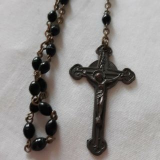 Vintage Rosary Made In Italy Black Plastic Beads Possibly Brass Religious