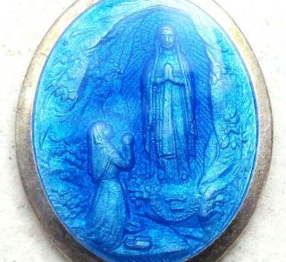 Antique Silver & Blue Enamel Medal Pendant To Our Lady Of Lourdes