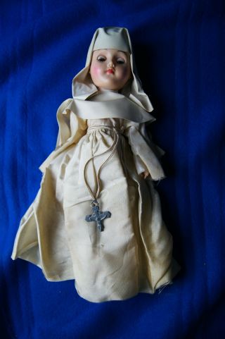 Vintage 12 " Catholic Nun Doll With Crucifix Sleepy Eyes White Habit Plastic Mold