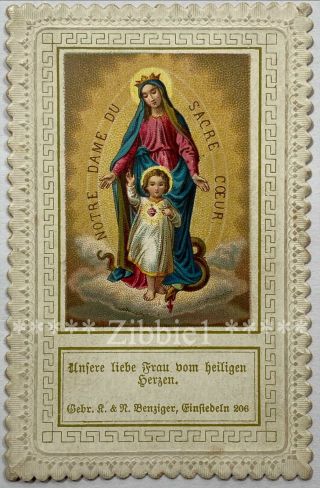 Our Lady Of The Sacred Heart,  Antique German Lace Edge Holy Devotional Card.