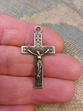 Antique French Sterling 800 Silver Fleur De Lys Ornate Crucifix Pendant