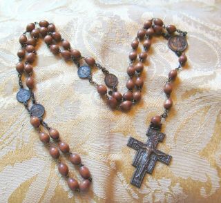 Vintage Franciscan Wood Bead 5 Decade Rosary - San Damiano Crucifix