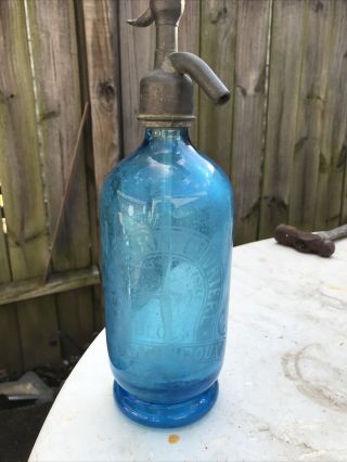 Cobalt Blue Seltzer /soda Water Bottle From Paris France Etched Chateauroux Plus