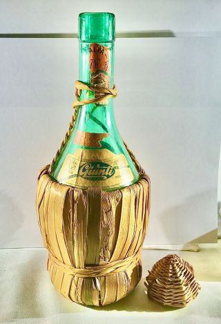 Vintage 1952 1 Pint Wine Bottle In Wicker Wrap Italian Italy Green