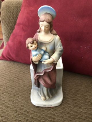 Blessed Virgin Mother Madonna With Baby Jesus Ceramic Porcelain Vase Planter