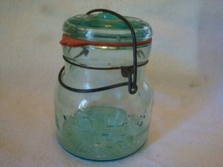Vintage Light Green " Atlas E - Z Seal " Squat Pint Fruit Jar Wire Bale & Rubber