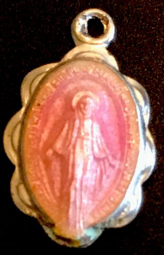 Vintage Catholic Sterling Silver Miraculous Mary Pink Enamel Small Medal