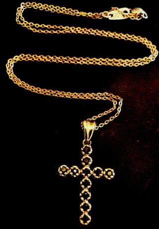 Vintage Gold Over Sterling Silver Onyx Gemstone Cross On 18” Sterling Chain