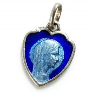 Small Heart Shaped Charm Virgin Mary Blue Enamel Lourdes Tiny Pendant