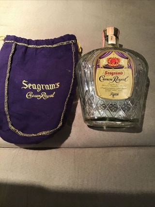 Vintage 1963 Seagram’s Crown Royal Fifth Bottle Complete With Classic Felt Bag