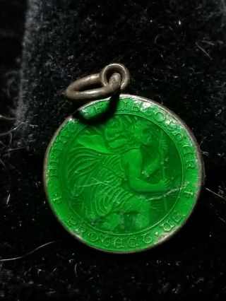 Small Sterling Silver St.  Christopher Medal Dark Green Glass Enamel (has Chips)