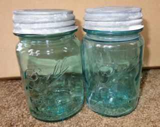 2 Old Vintage Blue Glass 1910 - 1923 Ball Pint Canning Jars With Zinc Lids Wavy