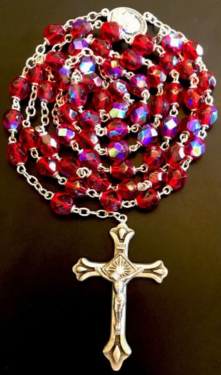 Vintage Catholic Iridescent Red Crystal 5 Decade Rosary,  Silver Tone Crucifix