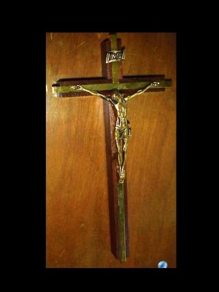 Vintage 1960s Catholic Cross Crucifix Brass And Wood 9 1/2 X 5 "