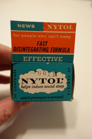 Vintage 1960s Nos Apothecary Pharmacy Nytol Bottle,  Talets And Box.