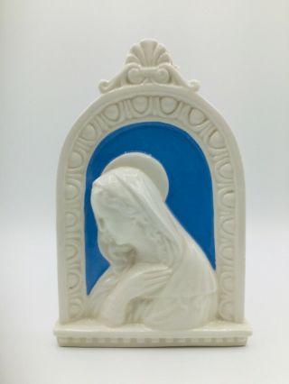 Blessed Virgin Mary Porcelain Plaque Ivory & Blue Made In Italy
