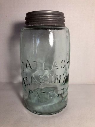 Vtg Aqua Blue Quart Fruit Jar - Atlas - Mason’s Patent Canning Bottle - Ball Lid