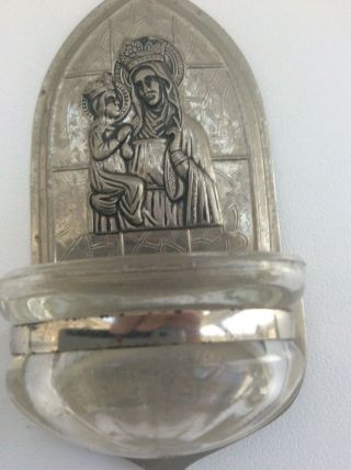 Vintage Embossed Metal And Glass Holy Water Font Mother Mary And Baby Jesus