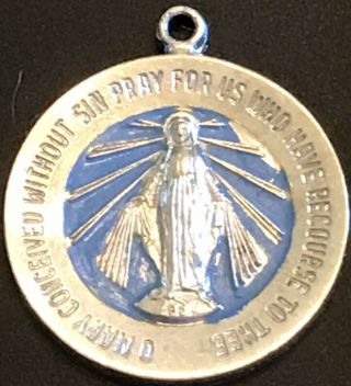 Vintage Catholic Sterling Silver Miraculous Mary Blue Enamel Religious Medal