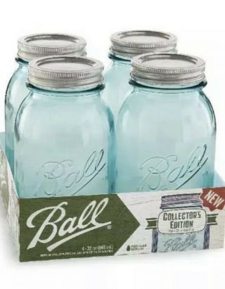 Ball Mason Jars Blue Collectors Edition Quart 32 Oz Set Of 4 Glasses Fast Ship