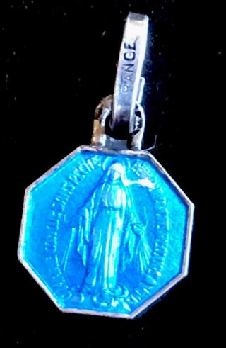 Vintage Catholic Sterling Silver Blue Enamel Miraculous Mary Medal France
