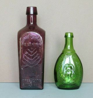 2 Vintage Glass Bottles Amethyst Elixir Tree Of Life & Green Swedish Nightingale