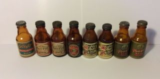 8 Minature Glass Beer Bottle Pepper Shakers Blatz Prager Acme Old Shay Fort Pitt