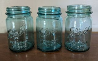 Vintage Ball Perfect Mason Blue Glass Canning Jars Pint Size Set Of 3