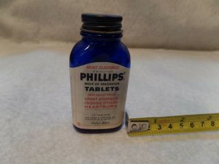 Cobalt Blue Glass Bottle Of Phillips Milk Of Magnesia W/tablets & Lid