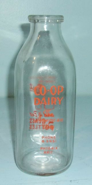 Vintage Co - Op Dairy 1 Quart Glass Milk Bottle Phoenix Arizona Orange Paint Label