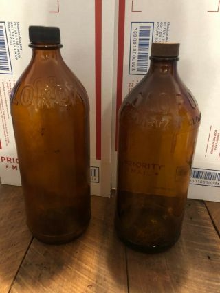 Vintage 2 Unique Ribbed Quart Clorox Brown Glass Bottles 5