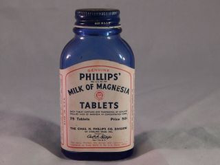 Vintage Blue Glass Bottle Phillips Milk Of Magnesia Tablets