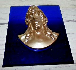 Vintage Art Deco Cobalt Blue Mirror Religious Jesus Plaque