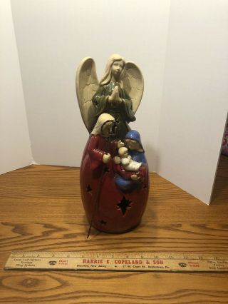Holy Family Painted Ceramic Statue Angel Mary Baby Jesus Nativity Christmas