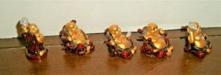 Miniature Red Resin Buddha Laughing Figurines set of 5 2