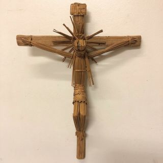 Vtg Folk Art Straw Crucifix Religious Jesus Christ Cross Mexican Tribal 16”
