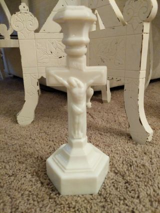Vintage Milk Glass Religious Crucifix Candle Stick Holder Jesus On Cross 10 "