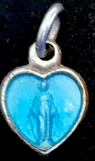 Vintage Catholic Miraculous Mary Heart Blue Enamel & Silver Tone Tiny Medal
