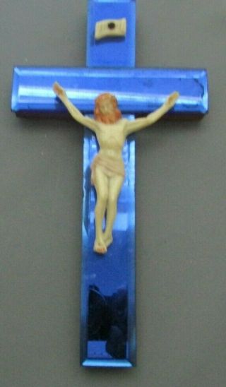 Vintage Crucifix,  Beveled Blue Mirror Like Glass Attached To Wooden Cross - Glow I
