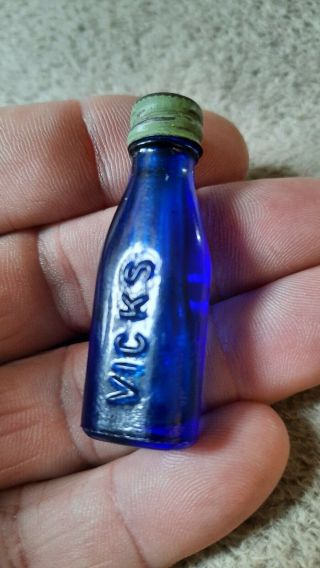 Vintage Vicks Drops Cobalt Blue Bottle W/ Cap Medicine Bottle